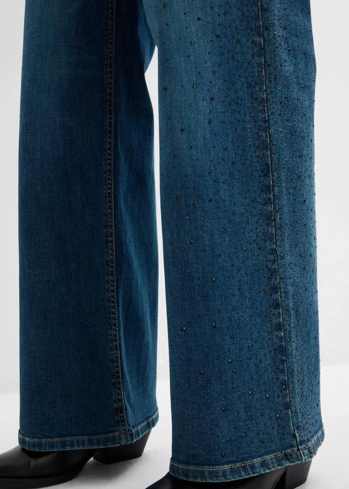 bonprix Kurzgrößen|Bekleidung·Shirts & Tops^Wide-Leg-Jeans Mid Waist mit Glitzersteinen blau denim used