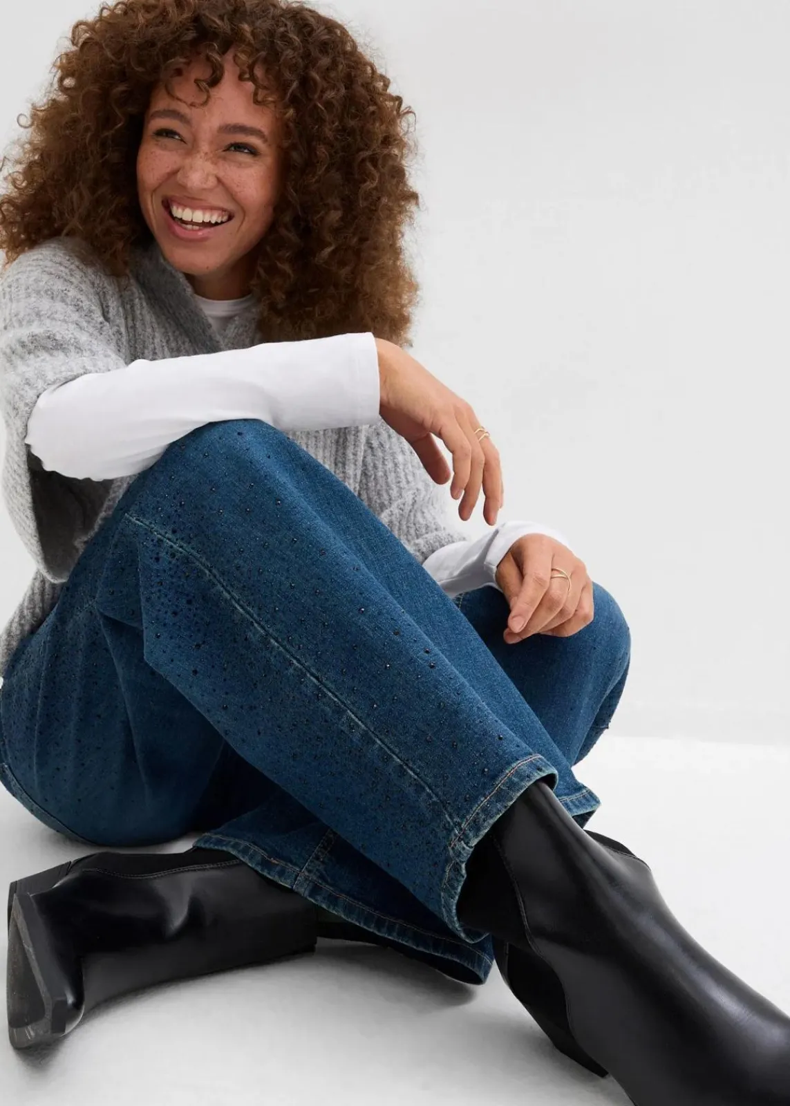 bonprix Kurzgrößen|Bekleidung·Shirts & Tops^Wide-Leg-Jeans Mid Waist mit Glitzersteinen blau denim used
