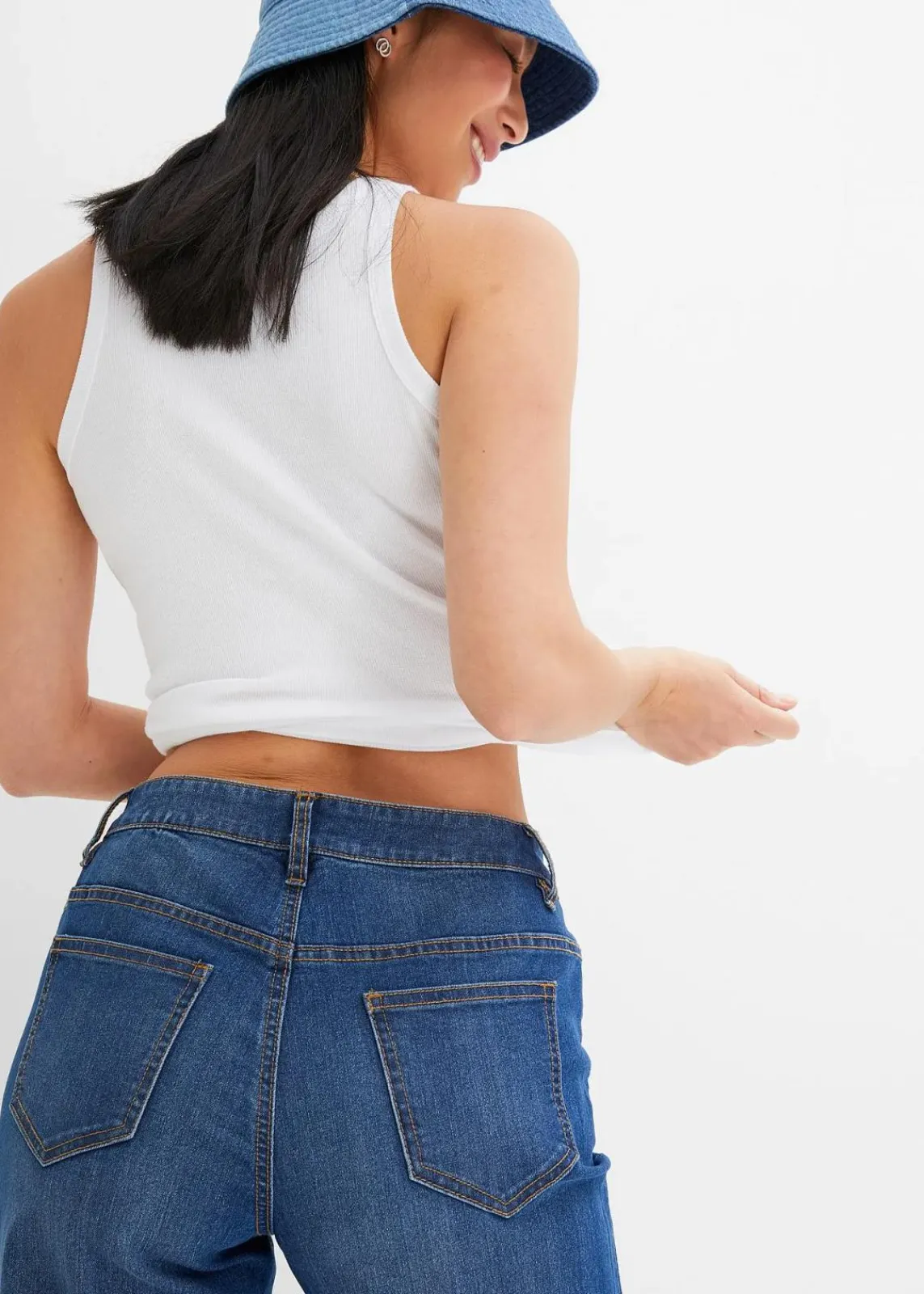 bonprix Kurzgrößen|Bekleidung·Shirts & Tops^Wide-Leg-Jeans, Mid Waist, Stretch blau denim