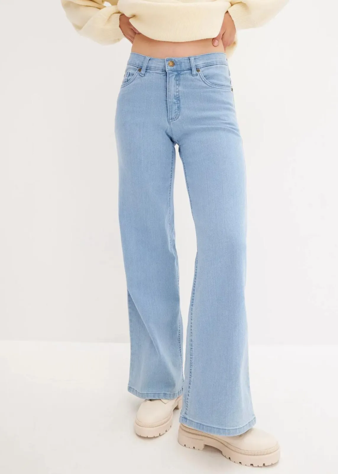 bonprix Bekleidung·Shirts & Tops|Jeans^Wide-Leg-Jeans, Mid Waist, Stretch hellblau denim used