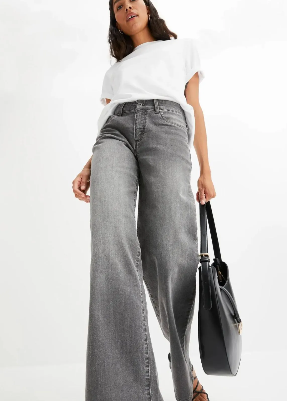 bonprix Jeans|Kurzgrößen^Wide-Leg-Jeans, Mid Waist, Stretch grau denim