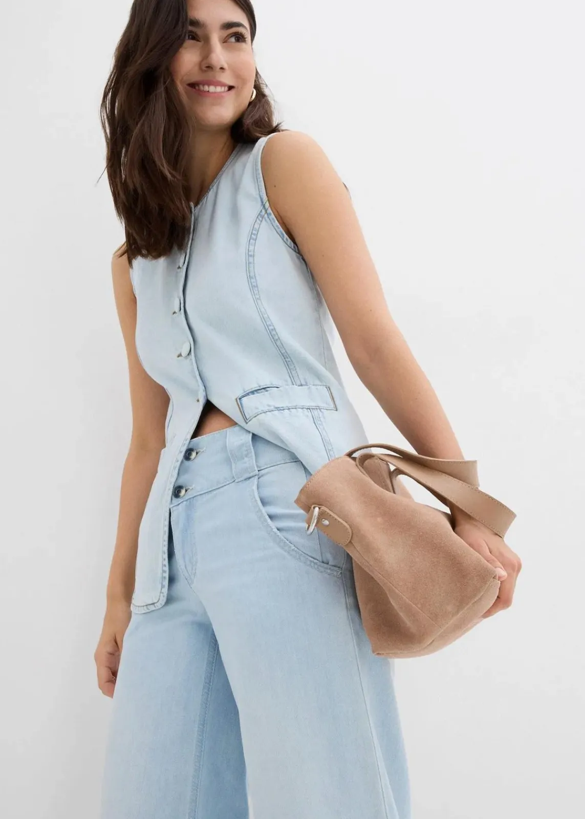 bonprix Bekleidung·Shirts & Tops|Jeans^Wide-Leg-Jeans Mid Waist, Super Soft eisblau denim used