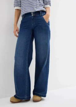 bonprix Jeans|Bekleidung·Shirts & Tops^Wide-Leg-Jeans Mid Waist, Super Soft blau denim used