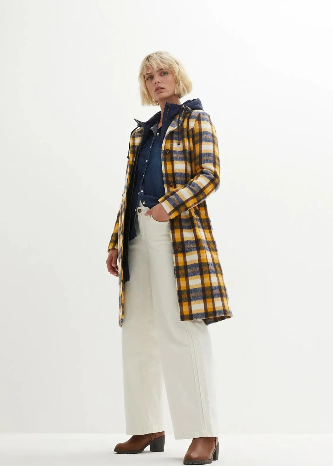 bonprix Jacken & Mäntel|Bekleidung·Hosen^Winter-Mantel, 2in1 Optik dunkelblau/honig kariert