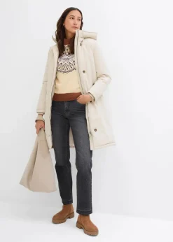 bonprix Jacken & Mäntel|Bekleidung·Hosen^Wintermantel mit Teddyfell in der Kapuze kieselbeige