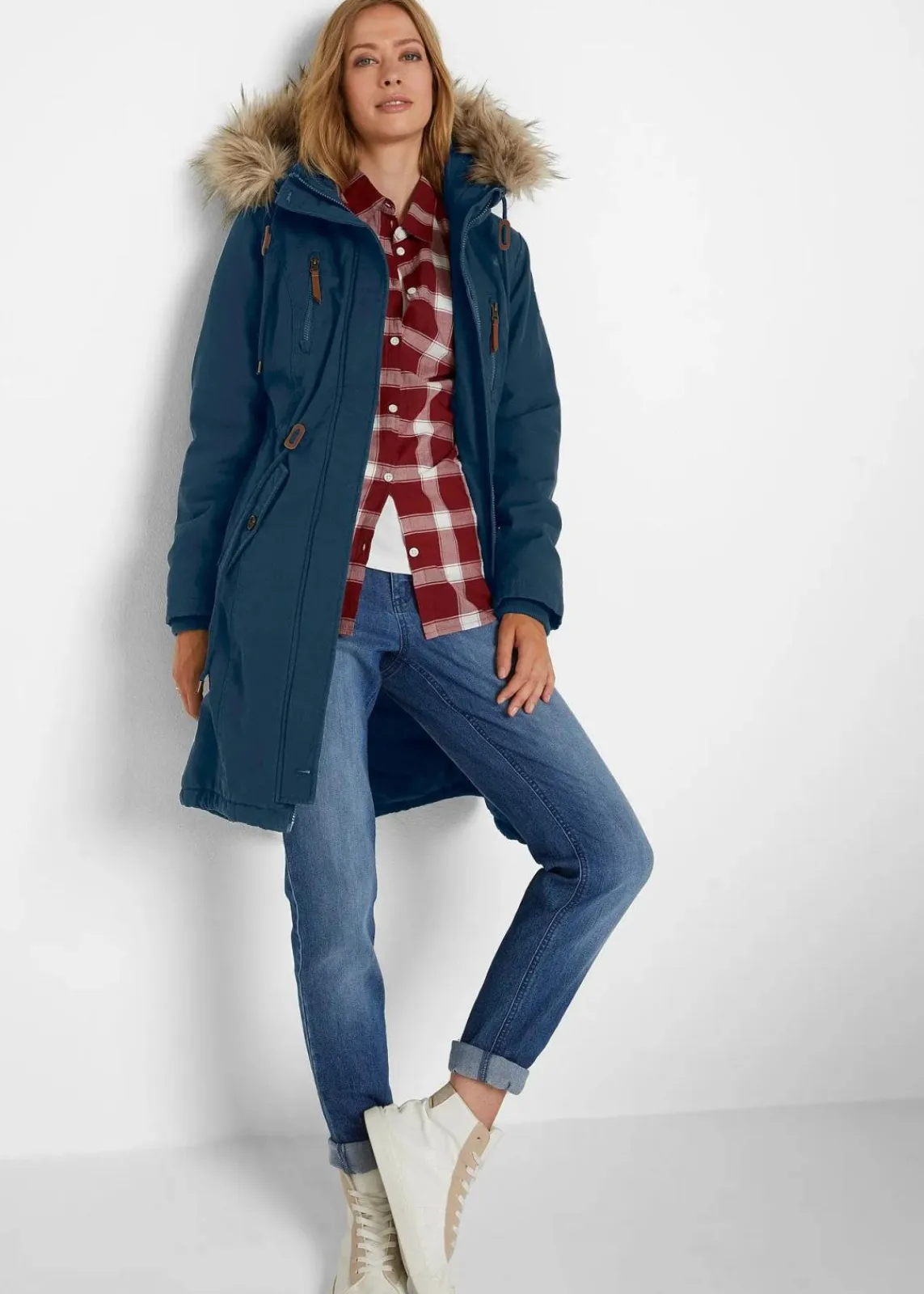bonprix Bekleidung·Hosen|Jacken & Mäntel^Winterparka mit Fellimitat-Kapuze dunkelblau