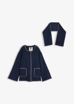 bonprix Bekleidung·Hosen|Jacken & Mäntel^Wolljacke mit Zierstickerei (2tlg. Set mit Schal) dunkelblau