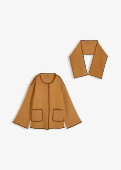 bonprix Jacken & Mäntel|Bekleidung·Hosen^Wolljacke mit Zierstickerei (2tlg. Set mit Schal) haselnuss