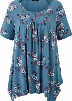 bonprix Shirts & Tops|Nachhaltigere Materialien^Zipfel-Longshirt, kurzarm jeansblau bedruckt