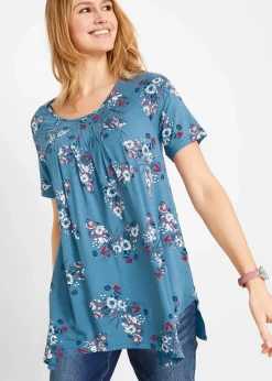 bonprix Shirts & Tops|Nachhaltigere Materialien^Zipfel-Longshirt, kurzarm jeansblau bedruckt