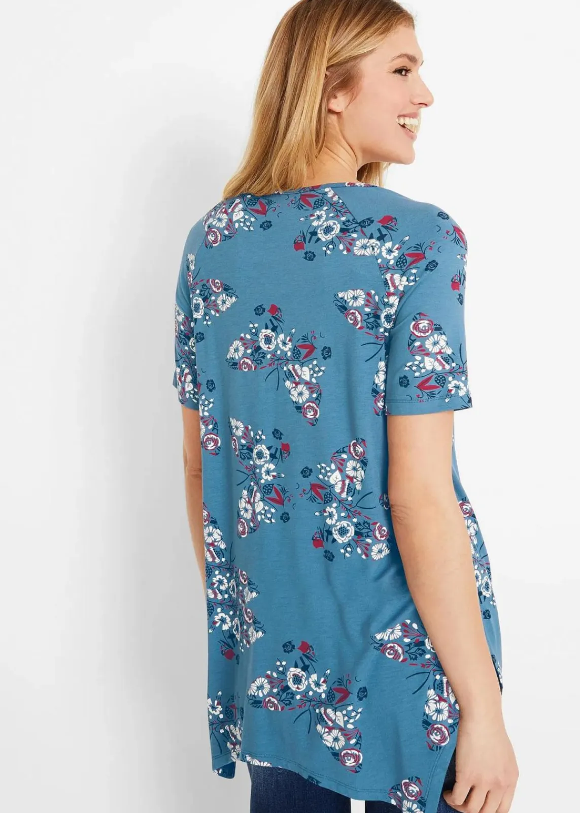 bonprix Shirts & Tops|Nachhaltigere Materialien^Zipfel-Longshirt, kurzarm jeansblau bedruckt